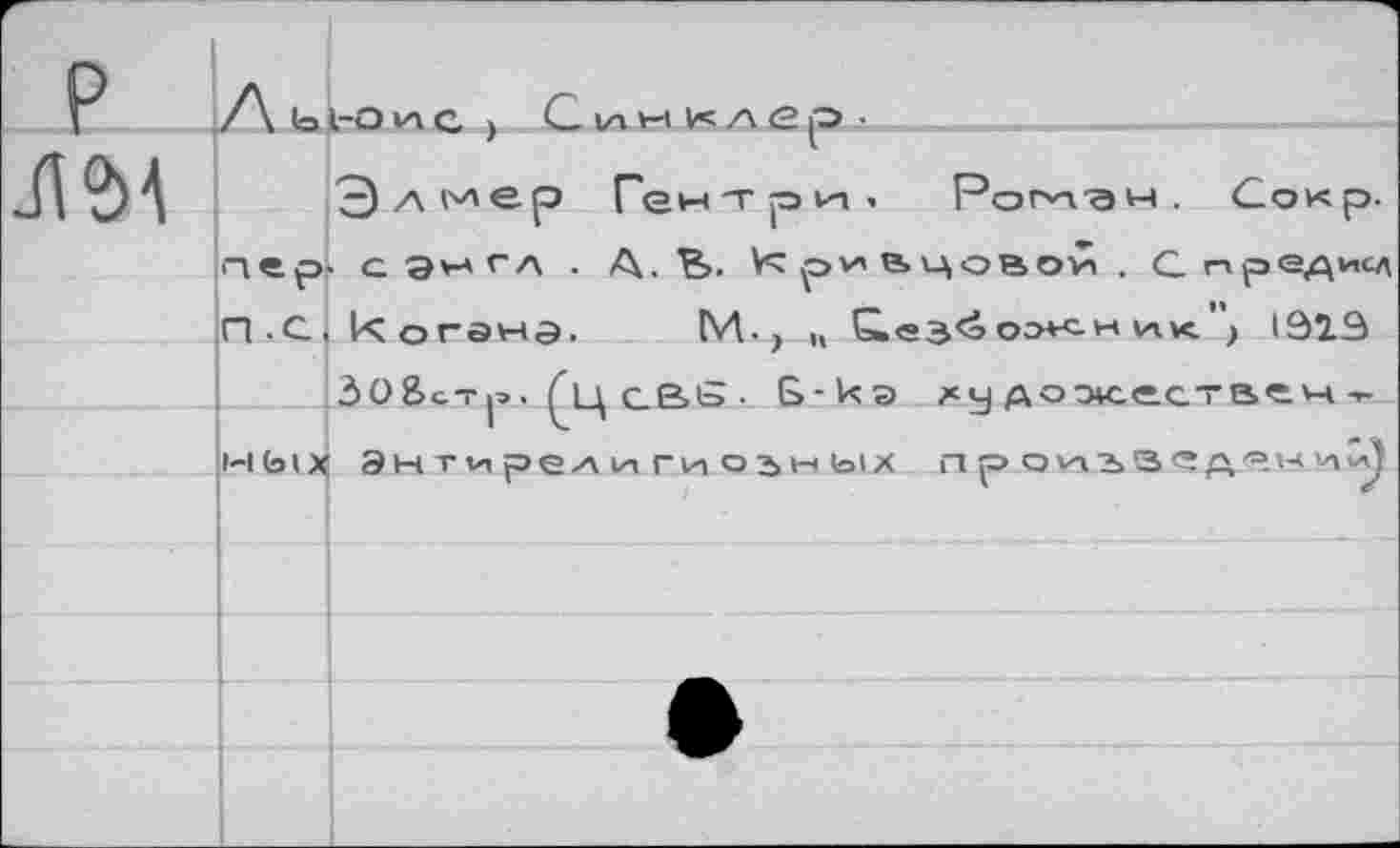 ﻿р дь\
/\ ь 1-о иг Г) С.1л н к л е р •	—
Эл ер Гентри. Роглдн. Сокр. пер- с эн г л . А.Ъ. Ут р и в ч о в оти . С п р «адисд П-С. когэнэ. М-, |, £ез<э оэ+т-н» ик > 1923
308>стр>. се>£ • Ь-кэ лу дожествеч |-1Ых Энтирелигиодных п р оиъзт дем иСЛ